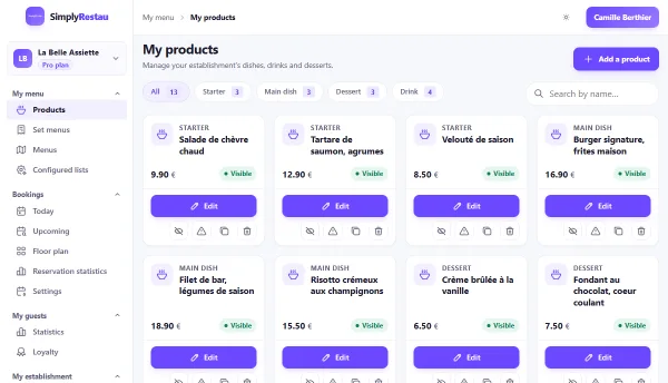 SimplyRestau management dashboard