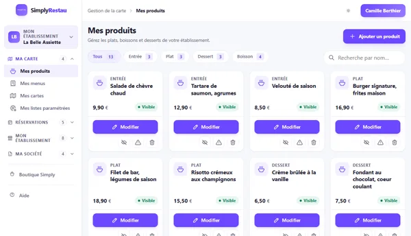Interface de gestion SimplyRestau