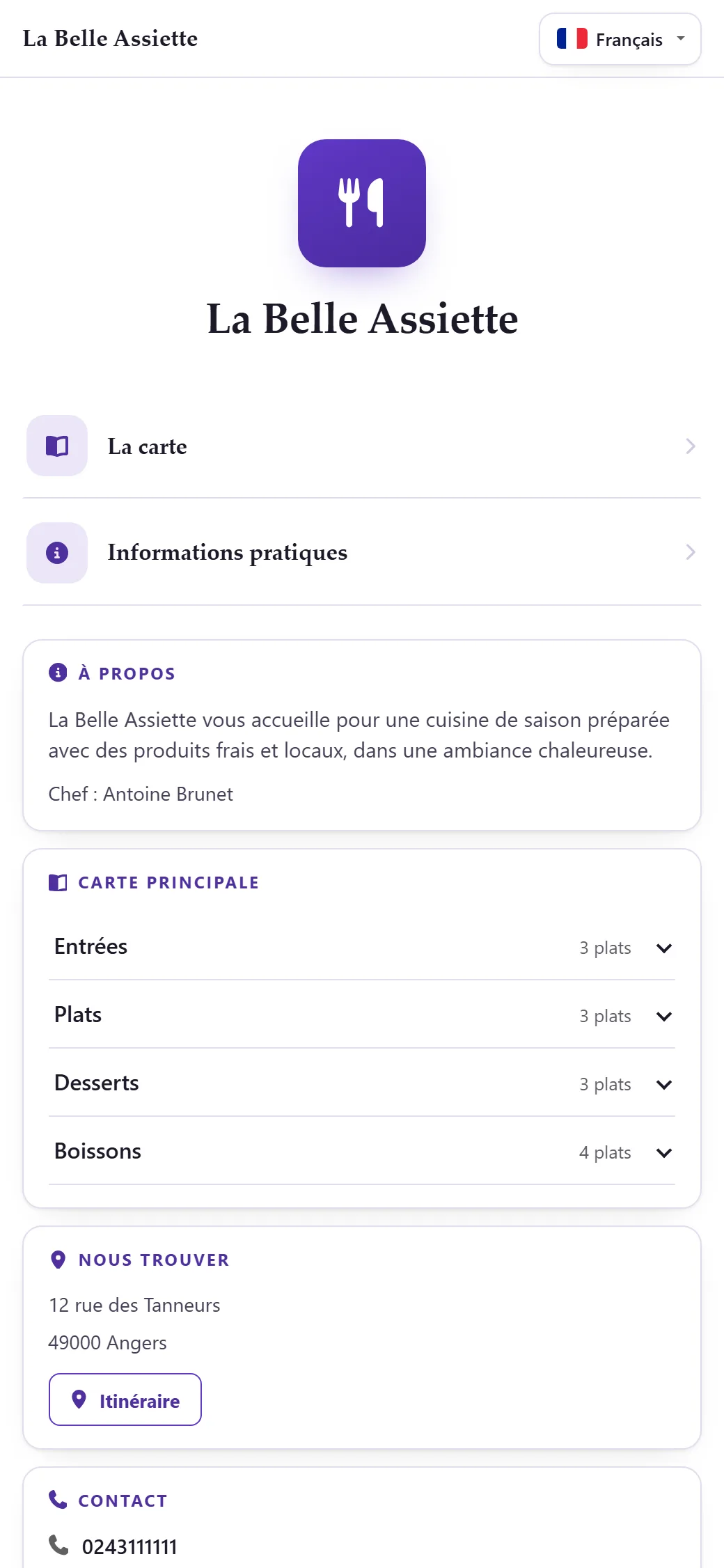 Carte digitale SimplyRestau affichée sur un téléphone